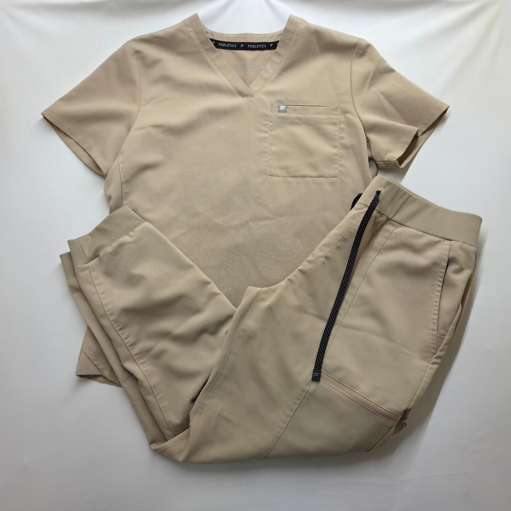 Fabletics Scrub Set Womens S Top M/S Jogger Pants Khaki Tan Medical Uniform